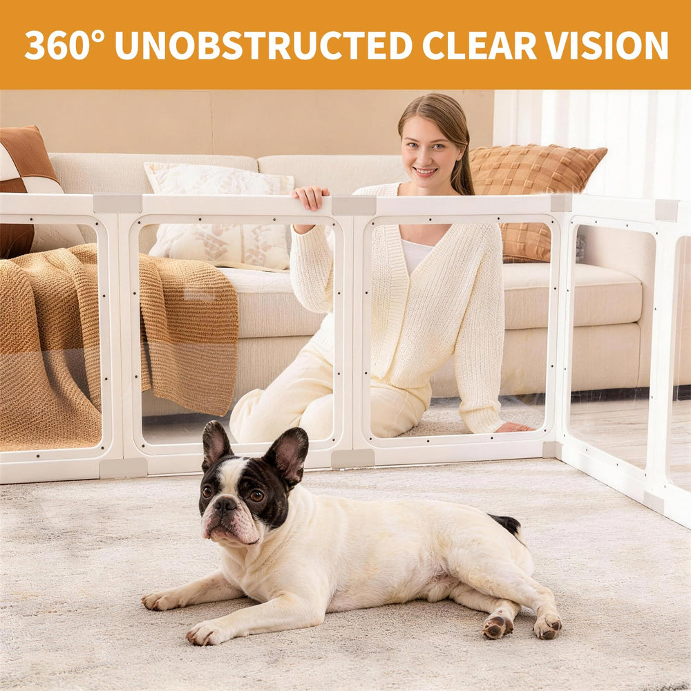 Zendova acrylic dog playpen clear panel close-up highlights smooth edges protecting curious paws.