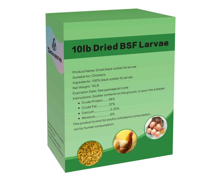 ZenithWorks dried BSF larvae packaging box showing a natural, protein-rich poultry snack.