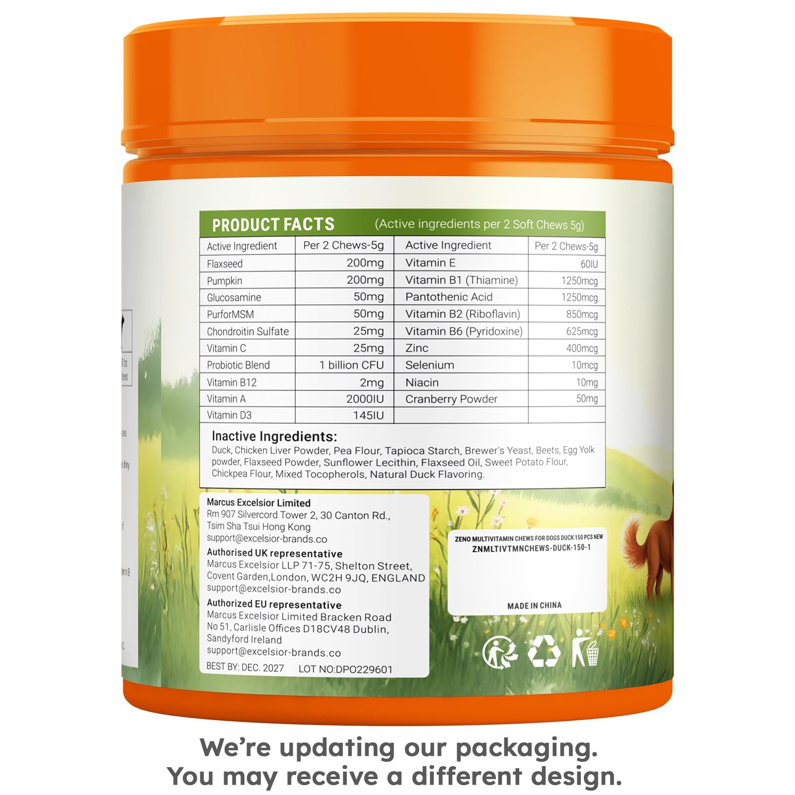 ZENO bottle-front with dog promotes easy daily supplementation.