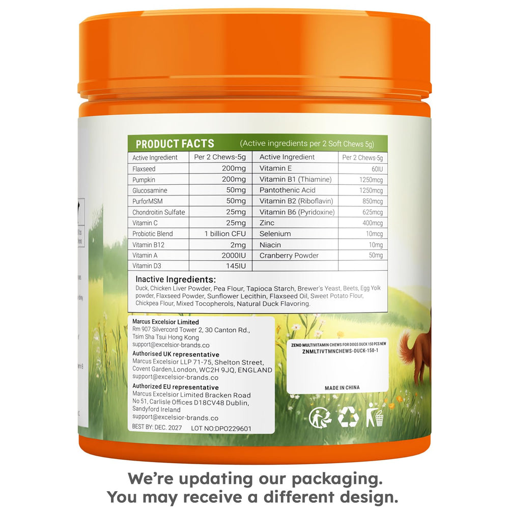 ZENO bottle-front with dog promotes easy daily supplementation.