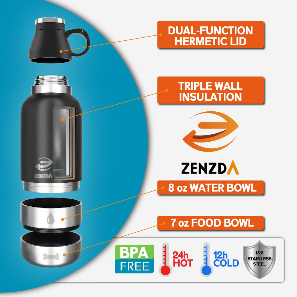 ZENZDA 3-in-1 dog water bottle insulated body keeps drinks cool during hikes.