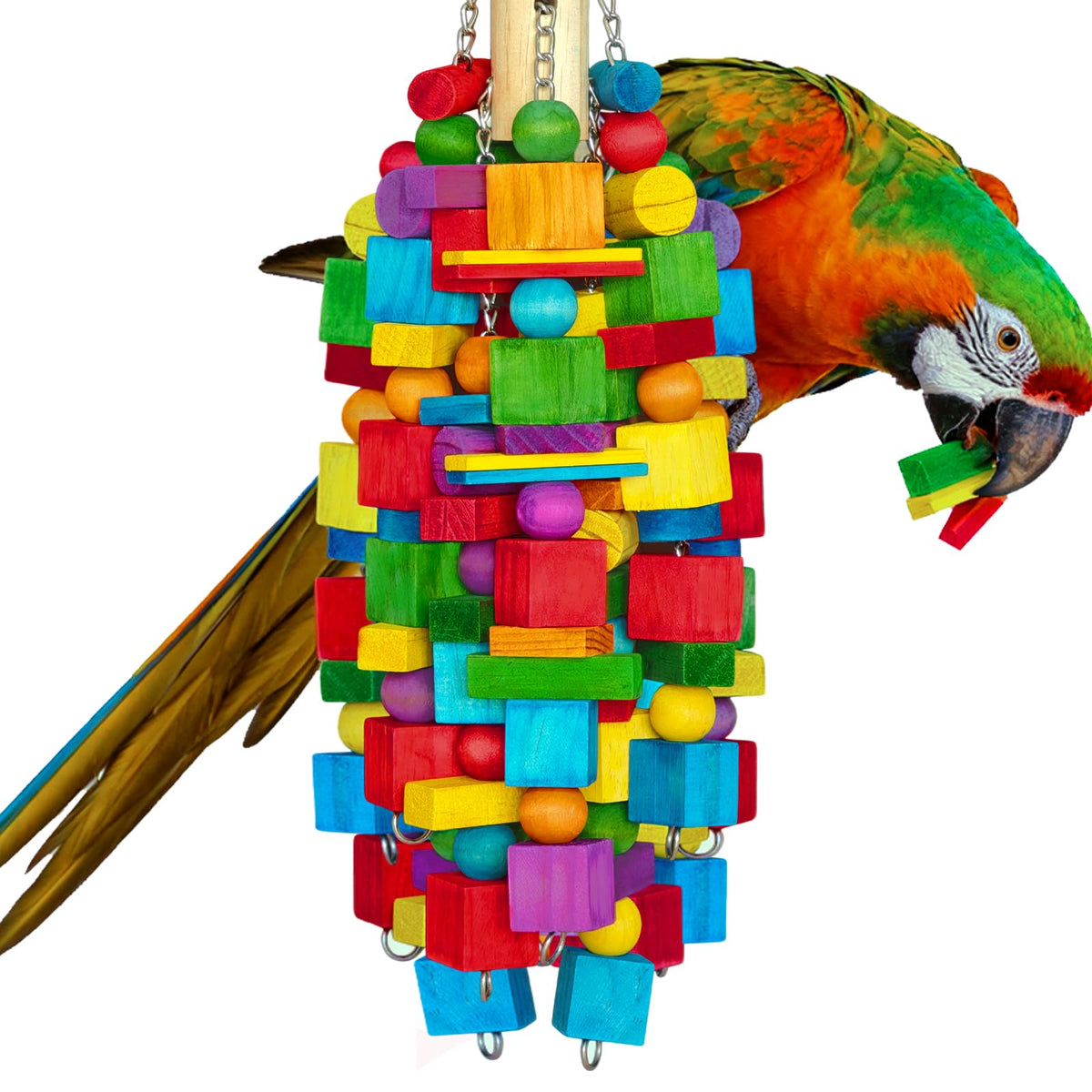 Zephyriel large parrot chew toy with wood blocks for beak exercise and enrichment