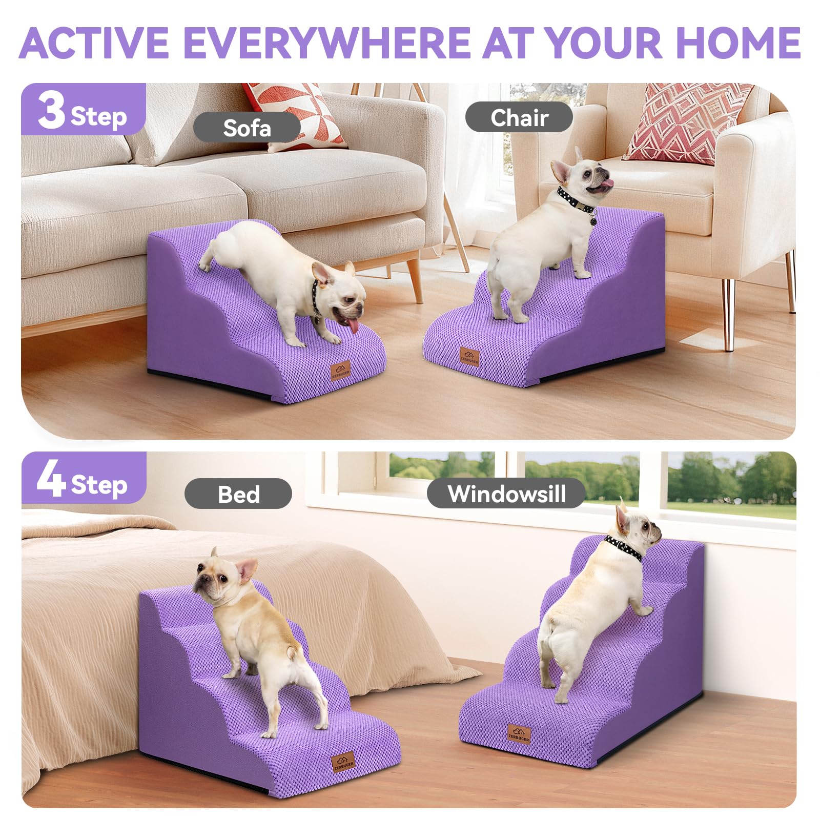 Zerbuger 4-step dog ramp for high beds provides stable ascent for seniors.