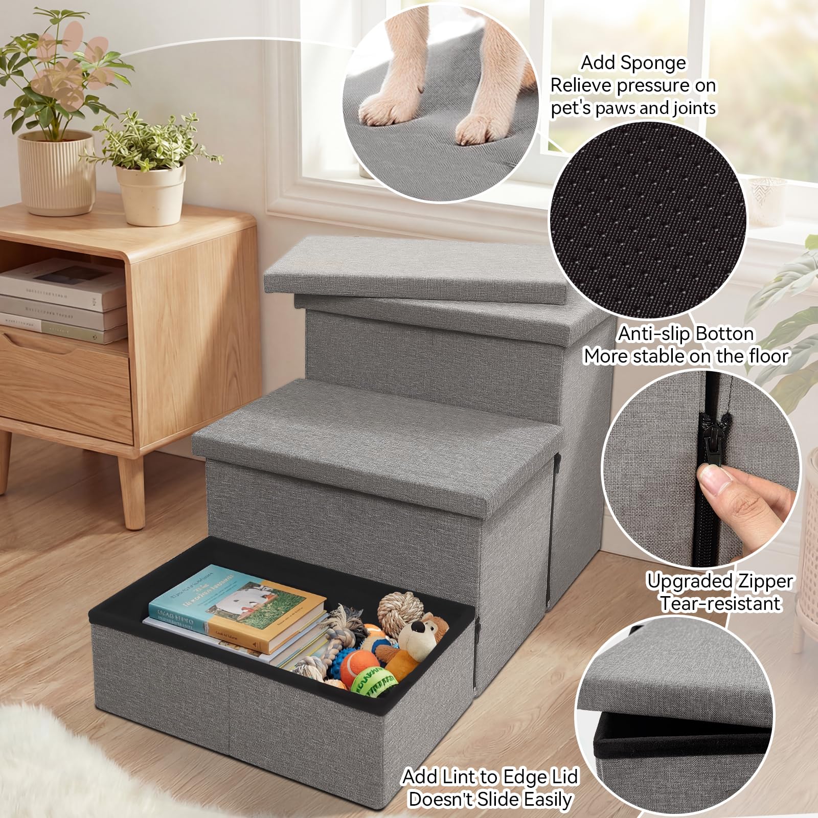 Zerbuger Dog Stairs condo view shows 54-quart storage for essentials.