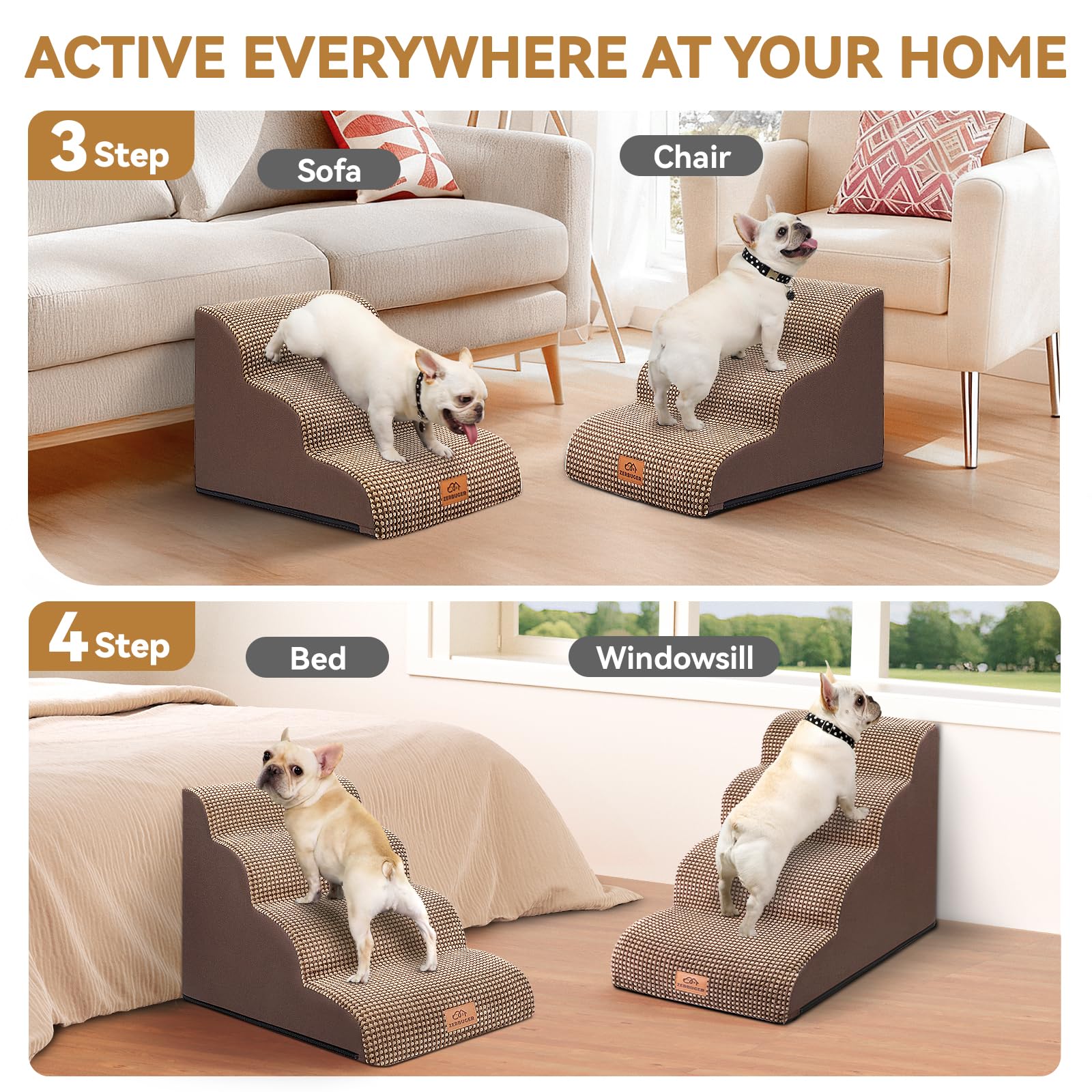 Zerbuger dog stairs sofa 3-step enables safe sofa access for small dogs.