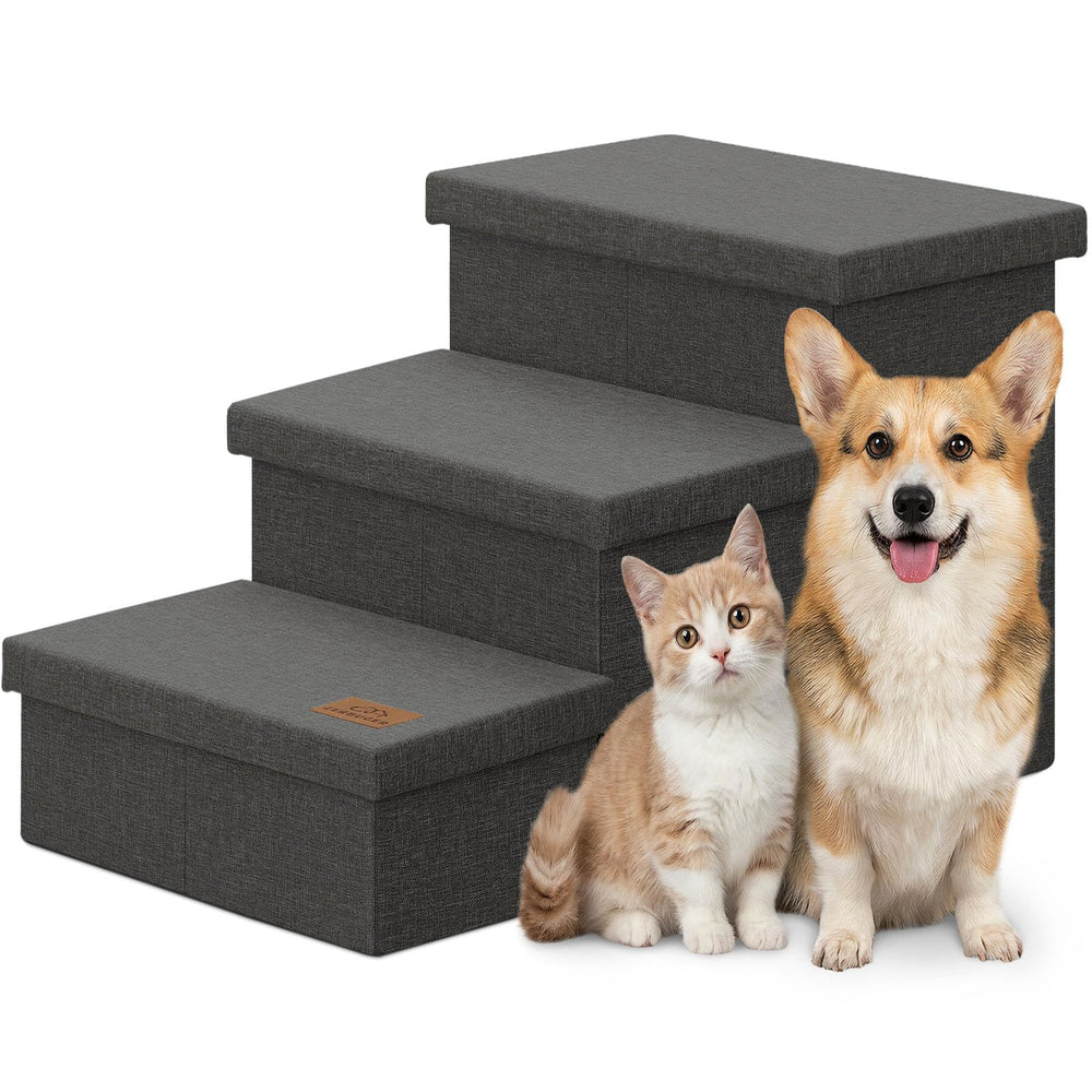 Zerbuger Dog Stairs with Storage, 3-step design, 18in height, helping pets reach beds safely.