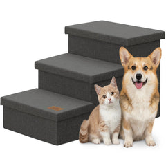 Zerbuger Dog Stairs with Storage, 3-step design, 18in height, helping pets reach beds safely.