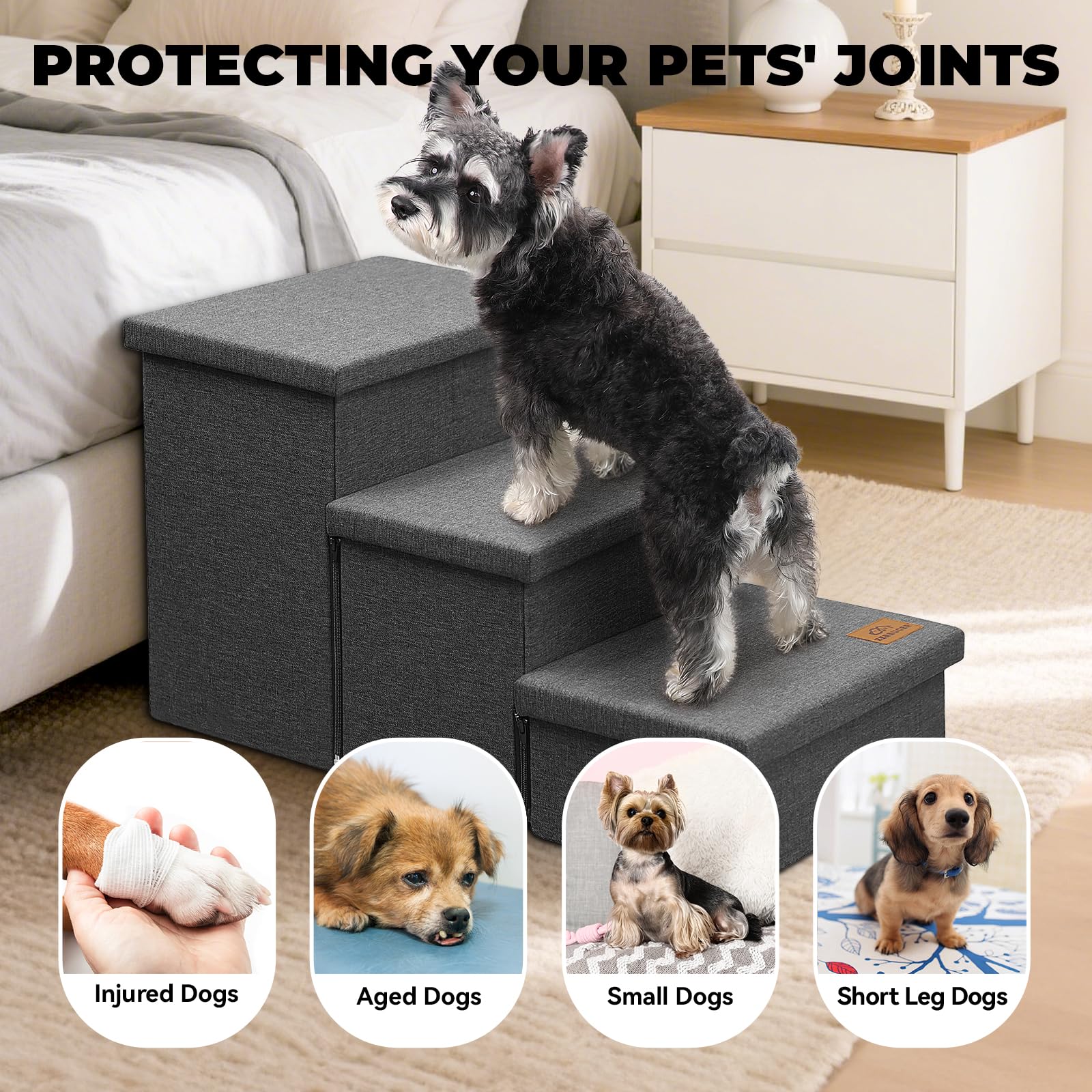 Zerbuger Dog Stairs Storage dimensions highlight deep steps and wide surface area.