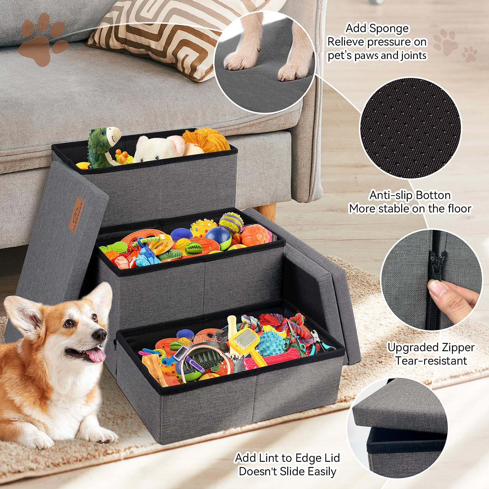 Zerbuger Dog Stairs Storage foam padding protects paws and joints.