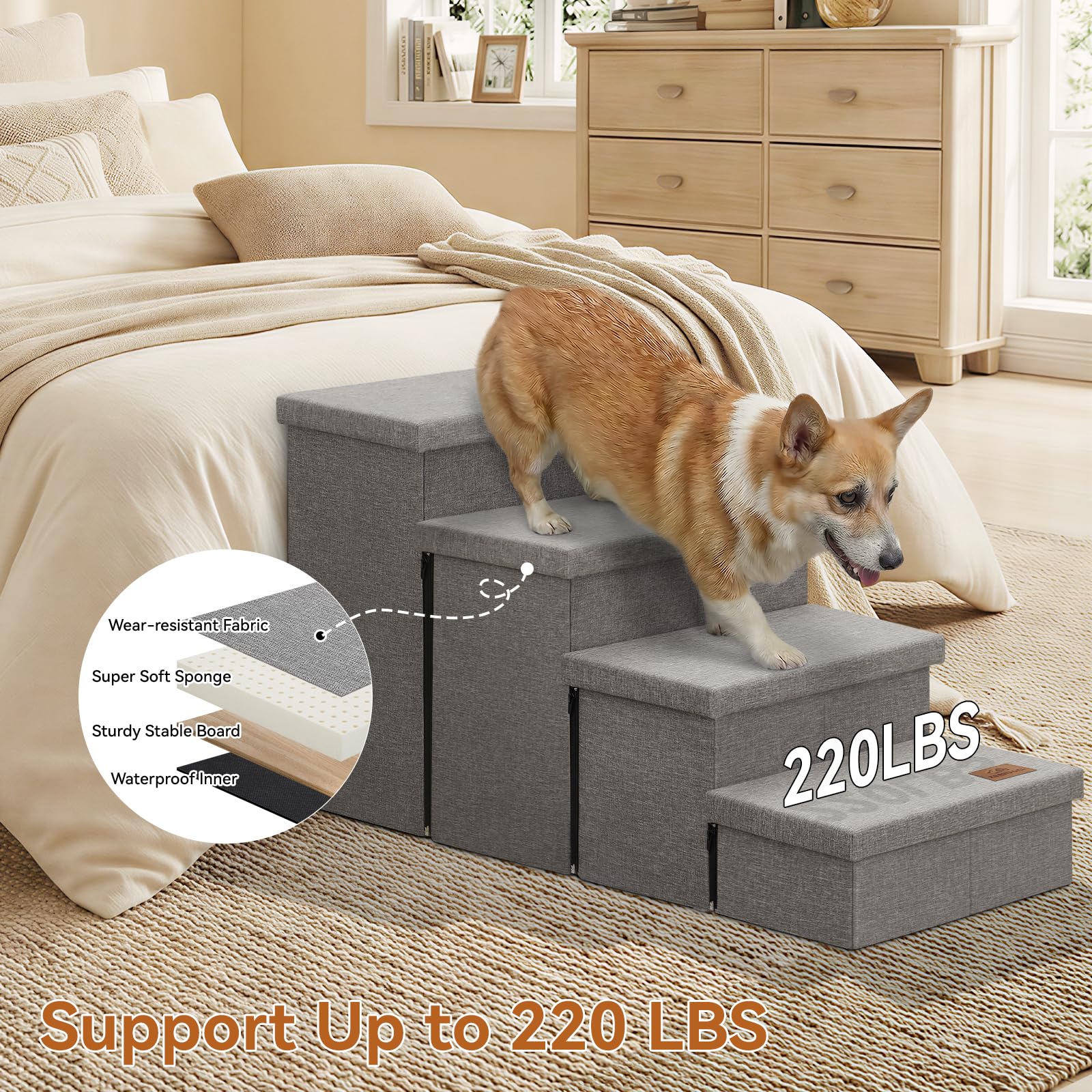 Zerbuger stairs in living room blend decor with practical pet access.