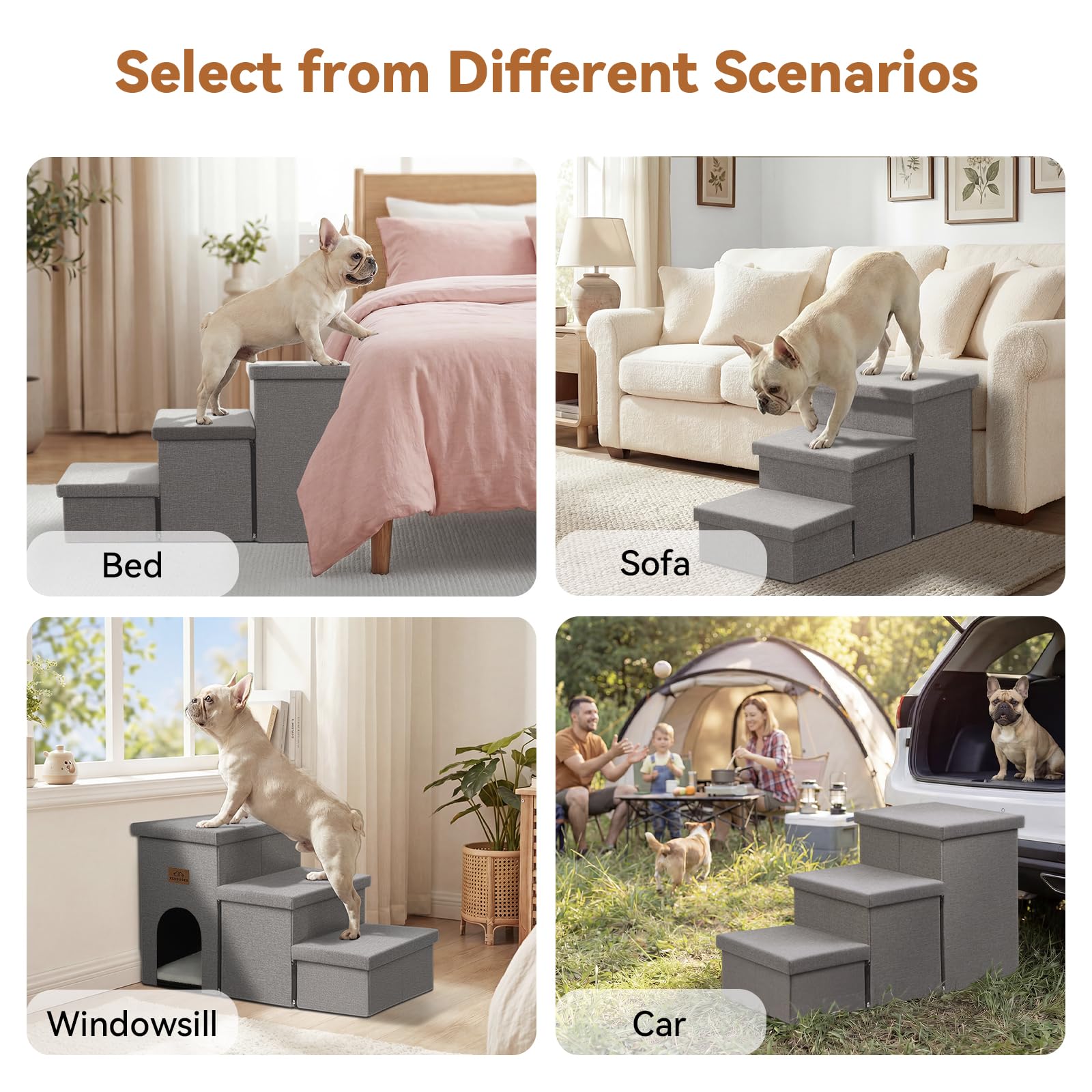 Zerbuger Dog Stairs with storage lids stores toys and clothes neatly.