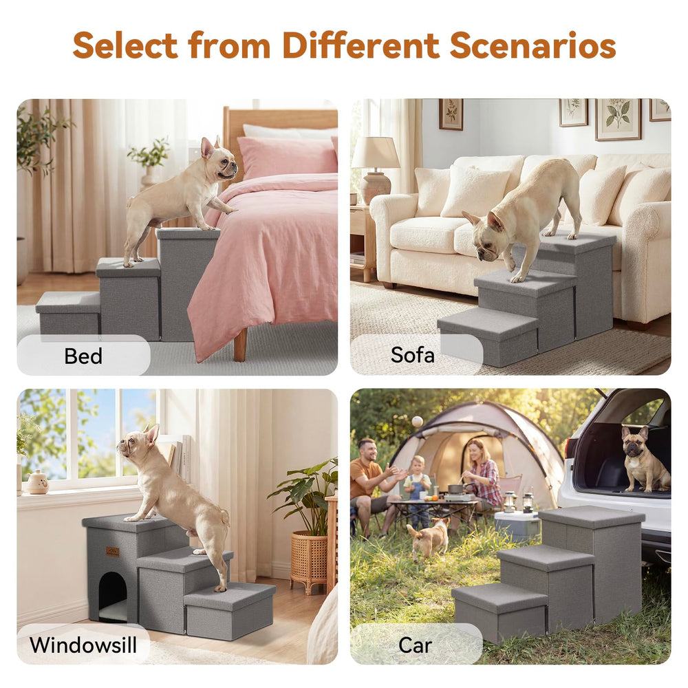 Zerbuger Dog Stairs with storage lids stores toys and clothes neatly.