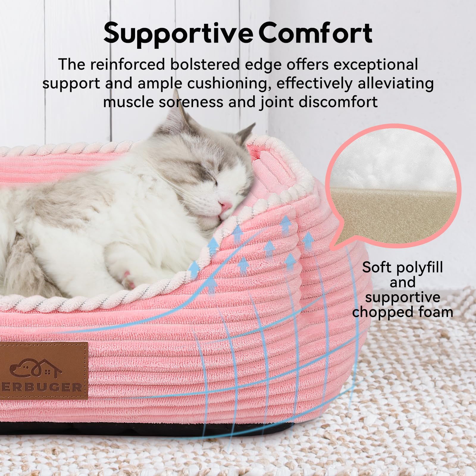 Zerbuger orthopedic bed pink, foam layer detail highlighting comfort and durable construction.
