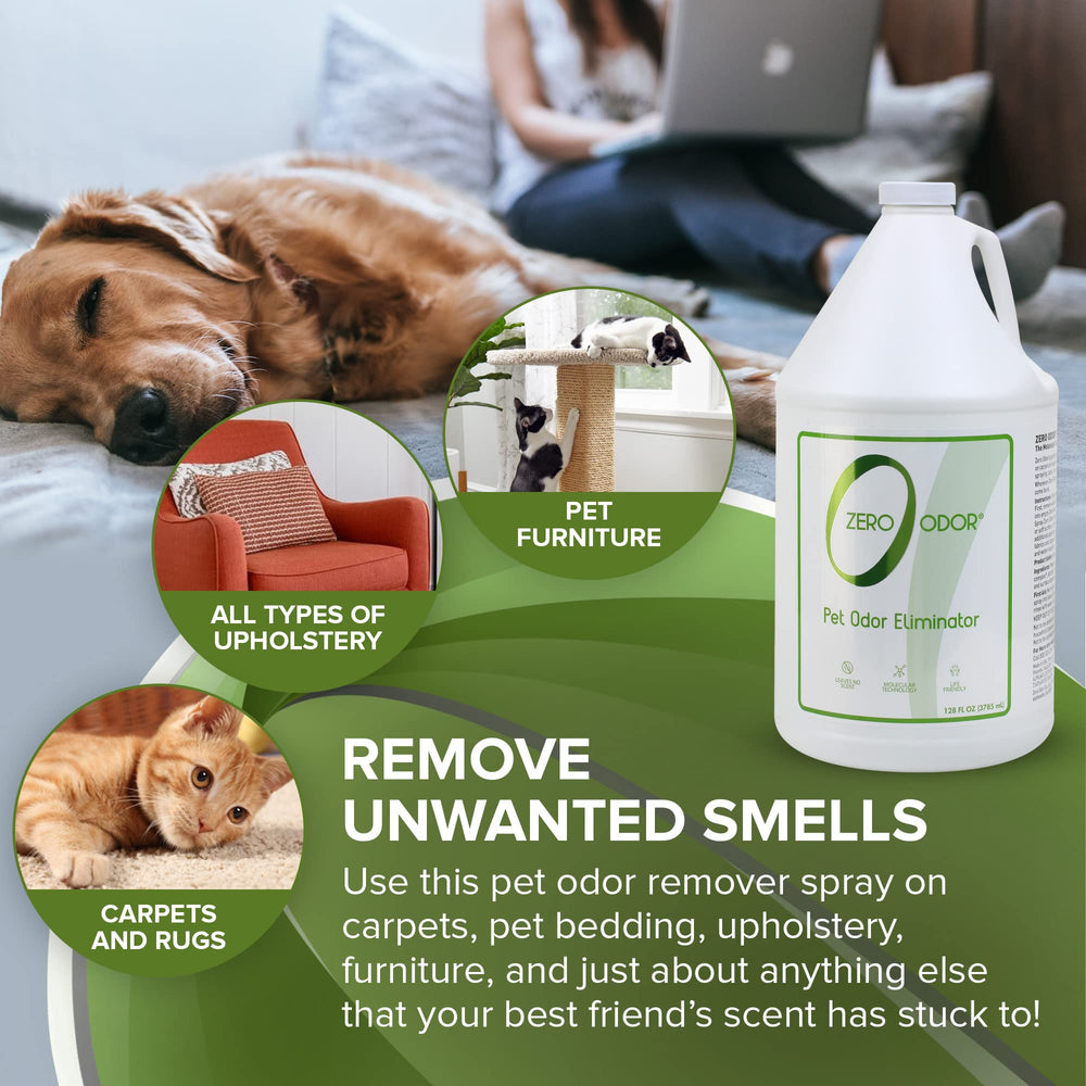 Zero Odor carpet and furniture spray eliminates stubborn odors in homes.