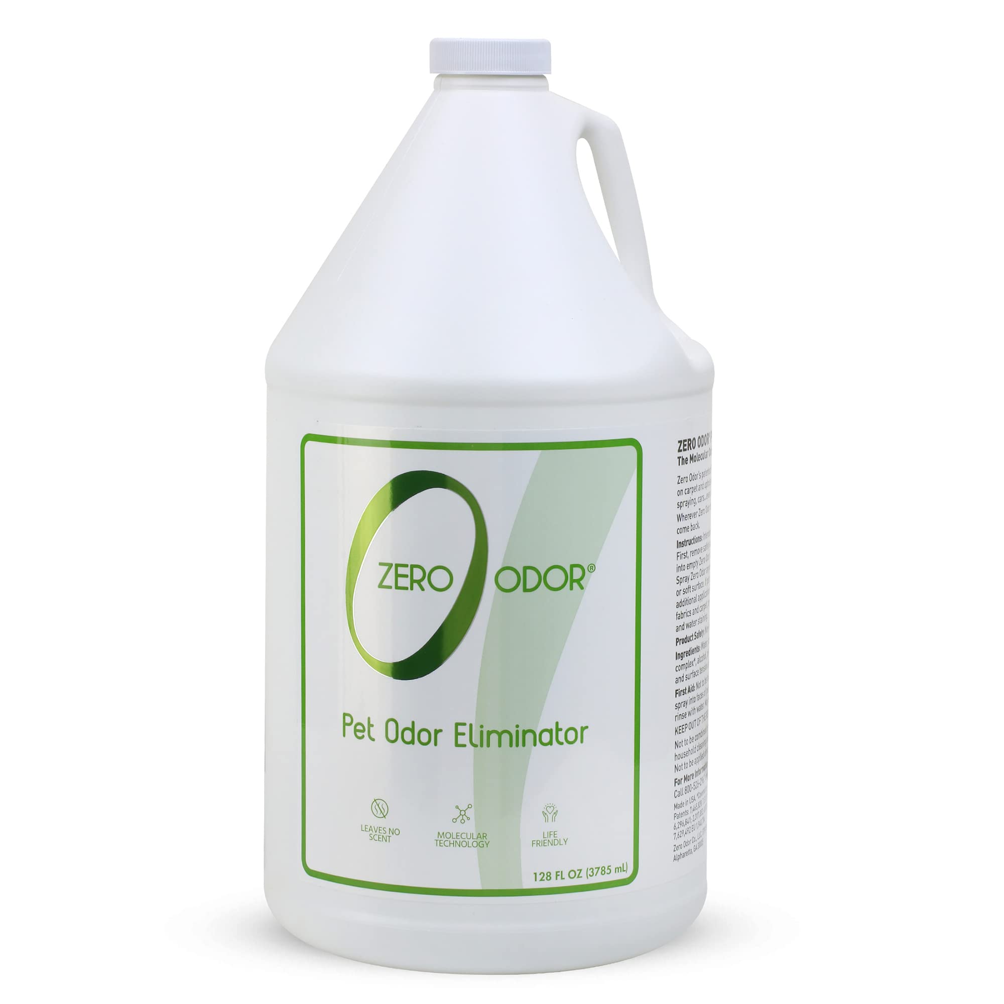 Zero Odor pet odor eliminator bottle neutralizes tough odors on carpets and furniture.