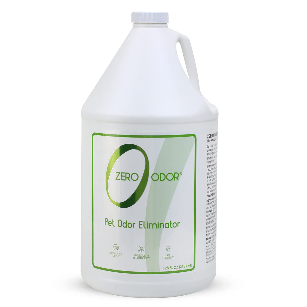 Zero Odor pet odor eliminator bottle neutralizes tough odors on carpets and furniture.