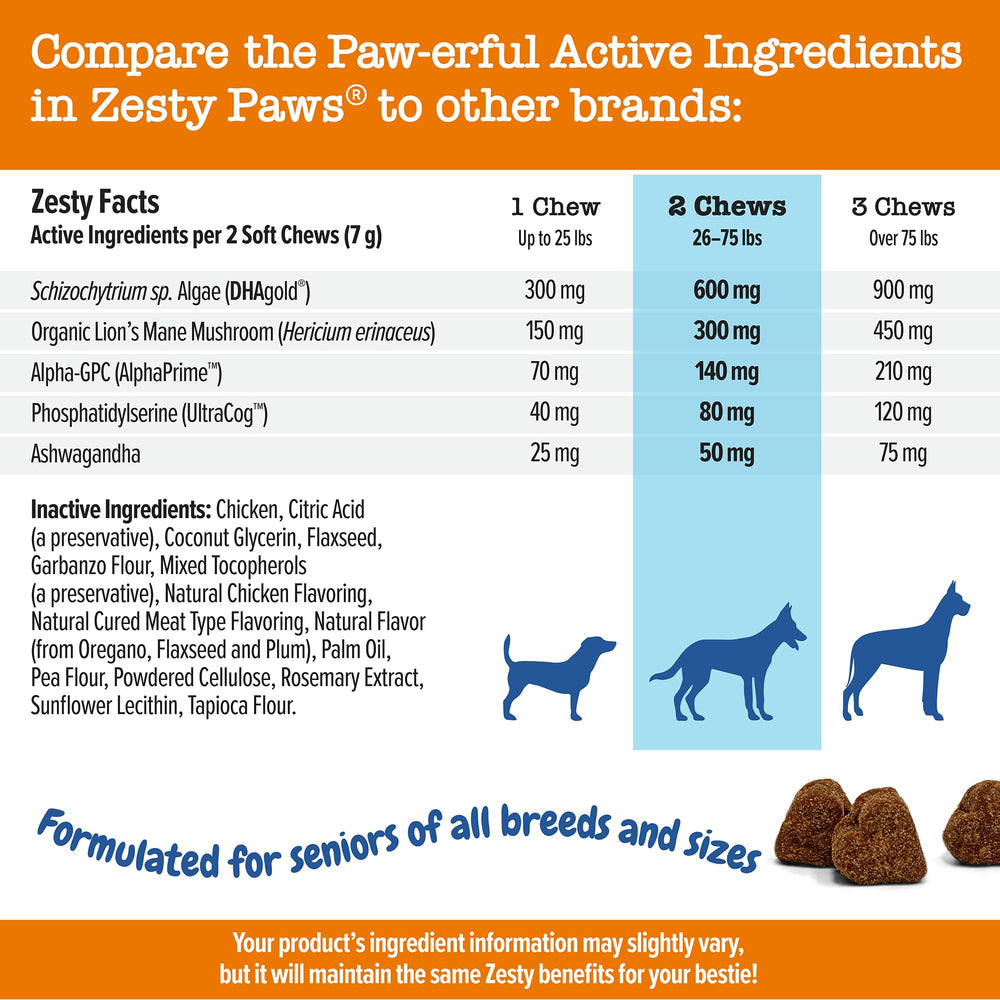 Zesty Paws Advanced Cognition Soft Chews DHA Gold boosts omega-3 intake for brain support
