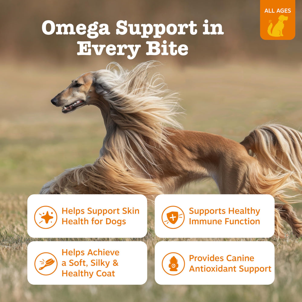 Zesty Paws AlaskOmega chews highlight EPA/DHA from wild pollock for wellness.