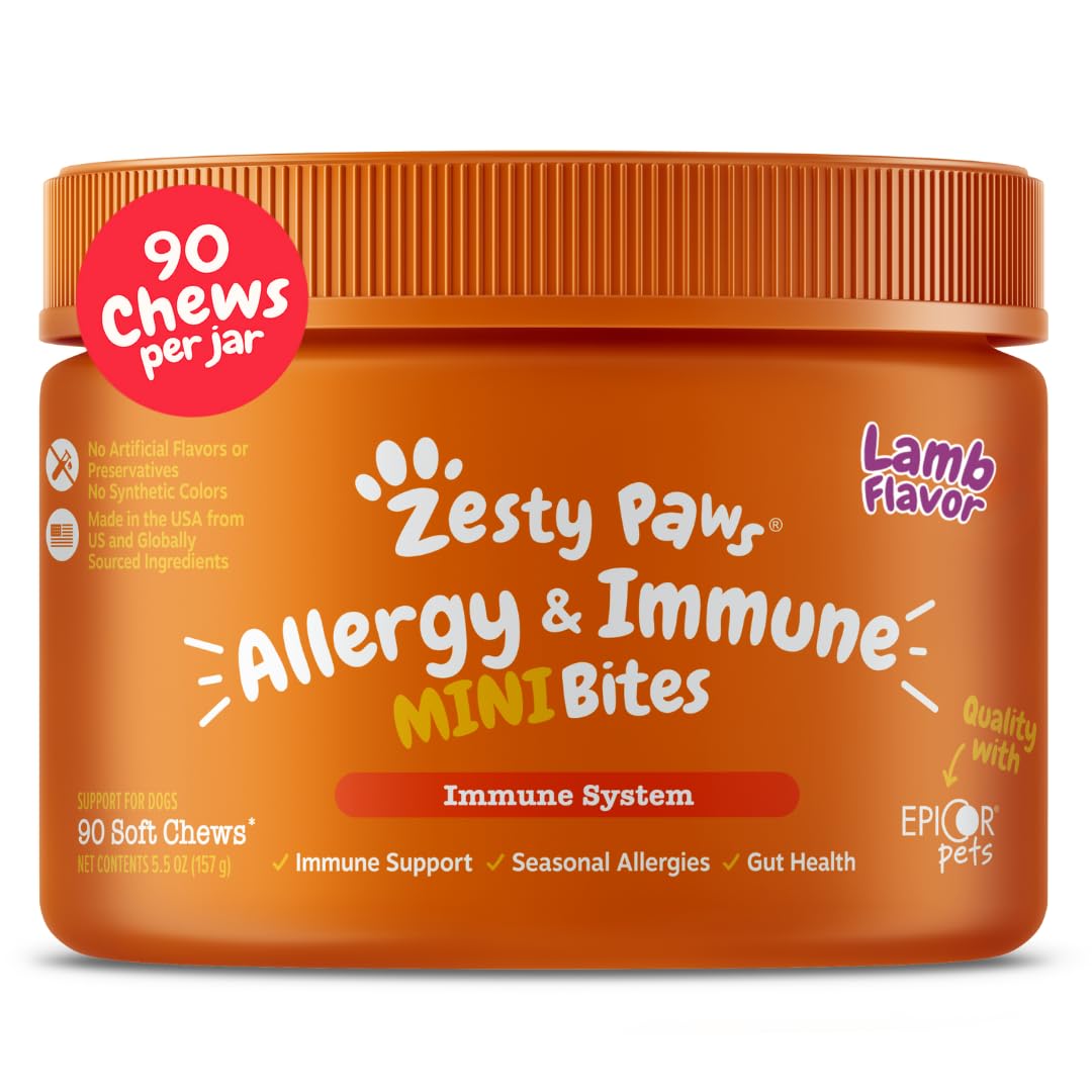 Zesty Paws Allergy Immune Bites bottle illustrating convenient dog immune support