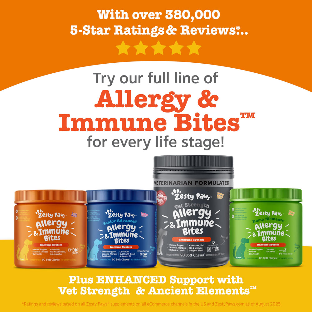 Zesty Paws Allergy Immune Bites daily dosage guide encourages routine feeding.