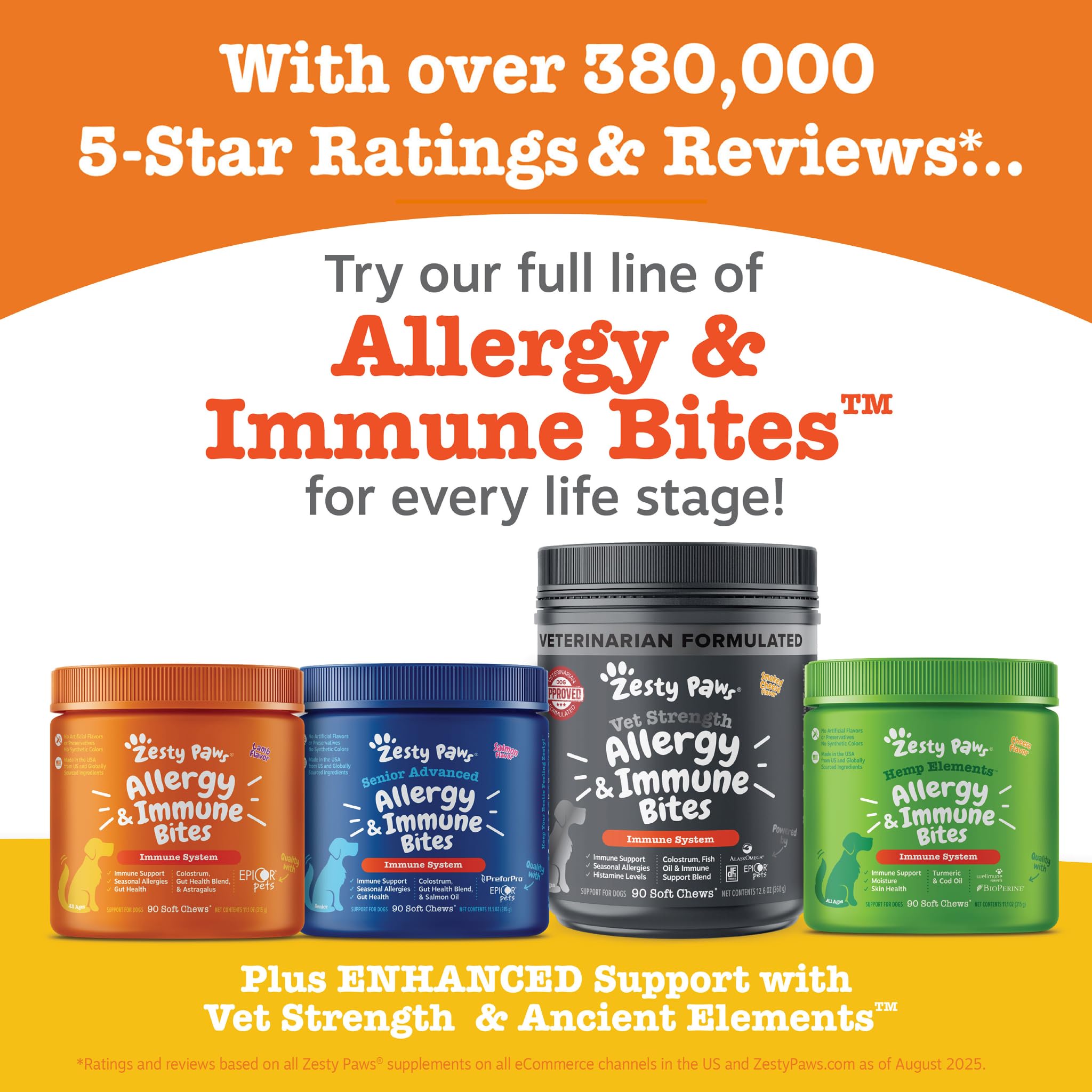 Front label highlights EpiCor Pets for immune support in Zesty Paws bites