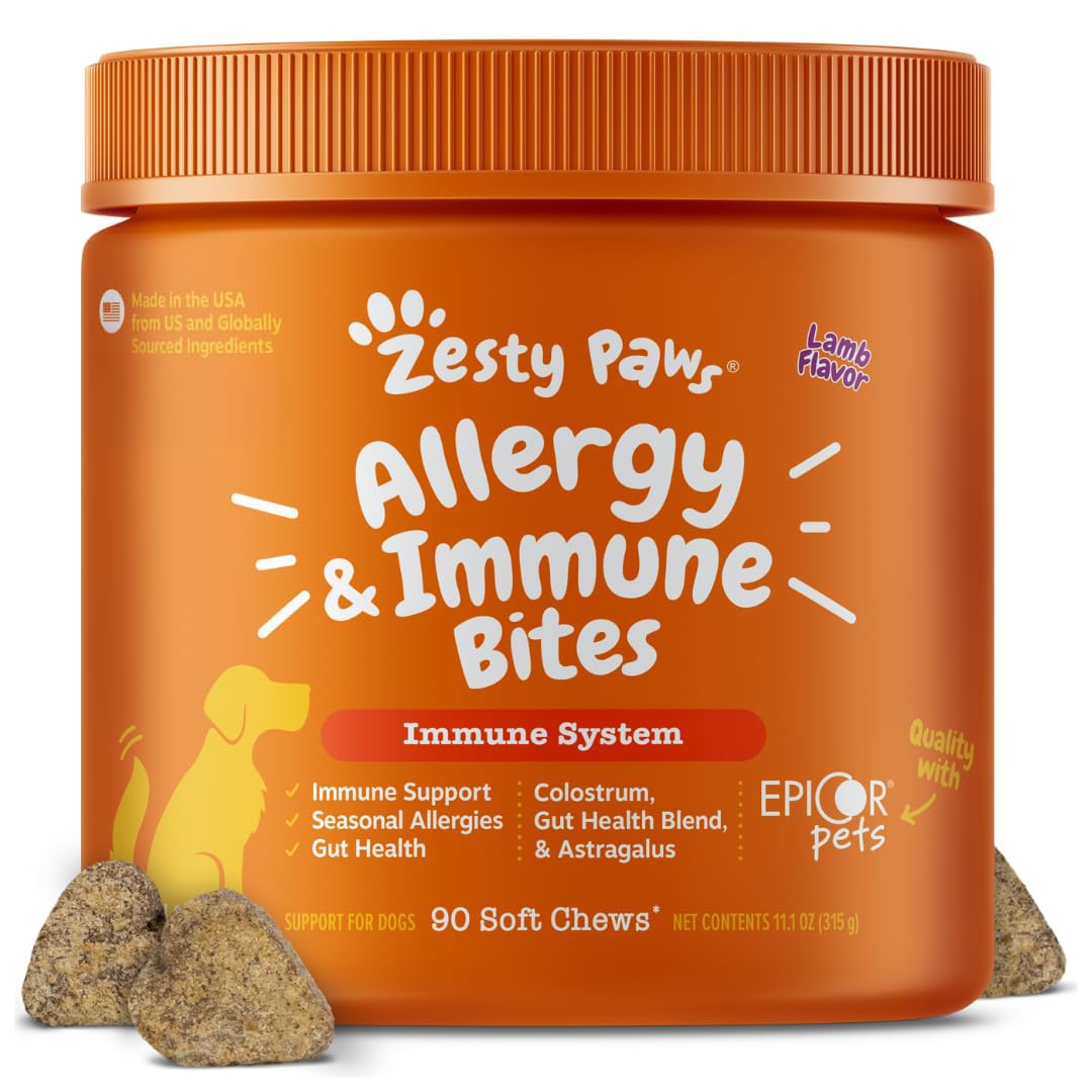Zesty Paws Allergy Immune Bites packaging on shelf showing convenient dog probiotic benefits