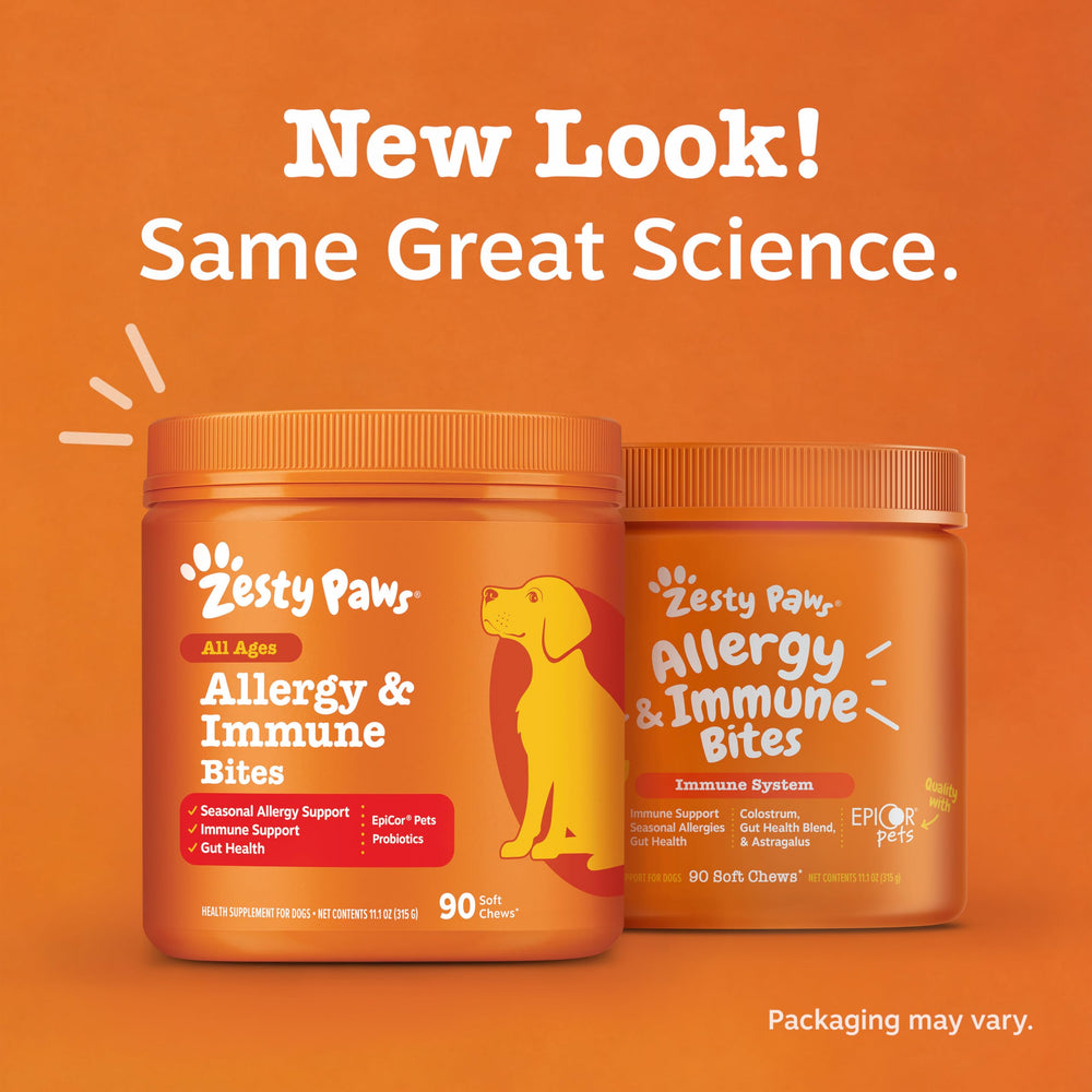 Serving suggestion of Zesty Paws Allergy Immune Bites on countertop