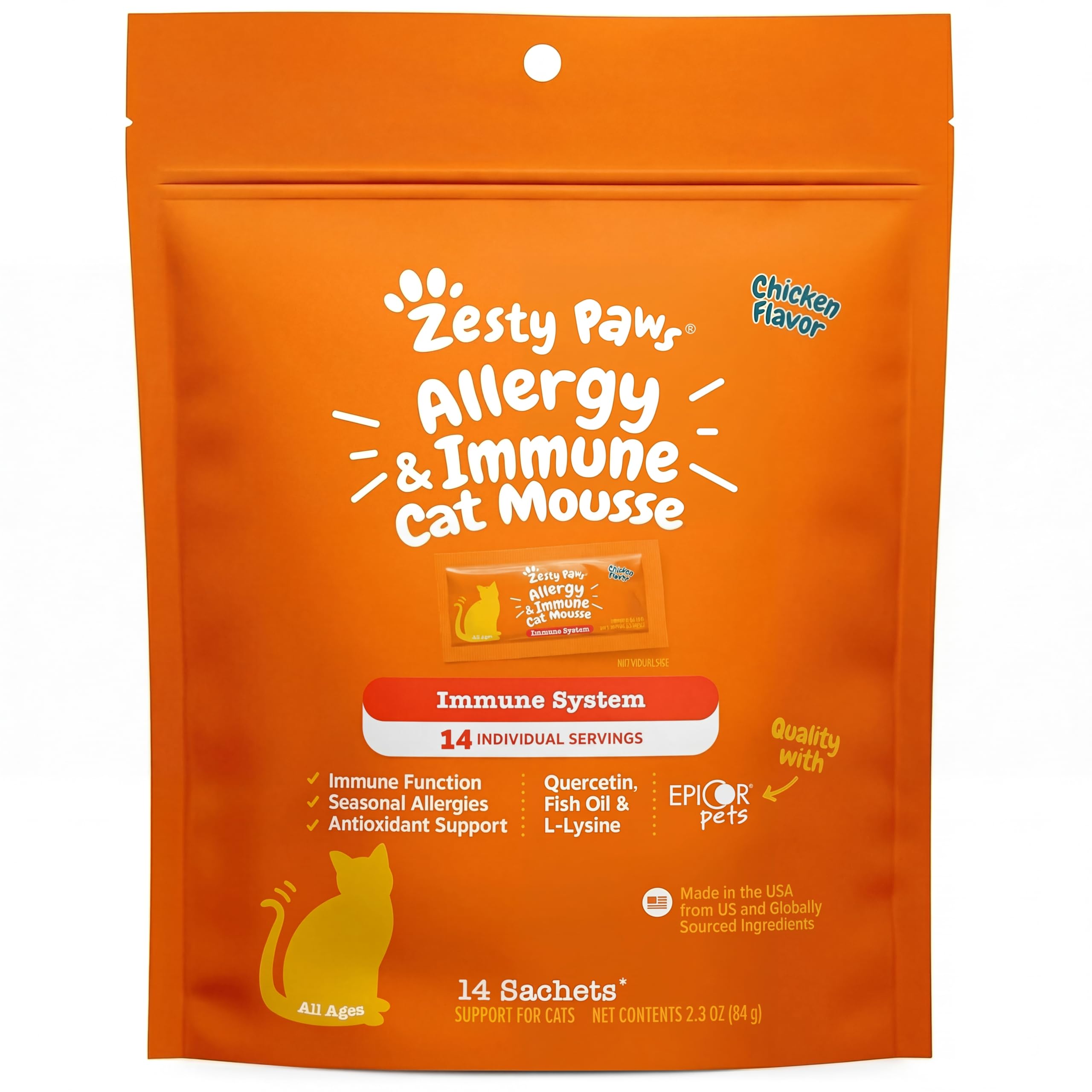 Zesty Paws Allergy & Immune Mousse bottle front promotes immune support for cats.