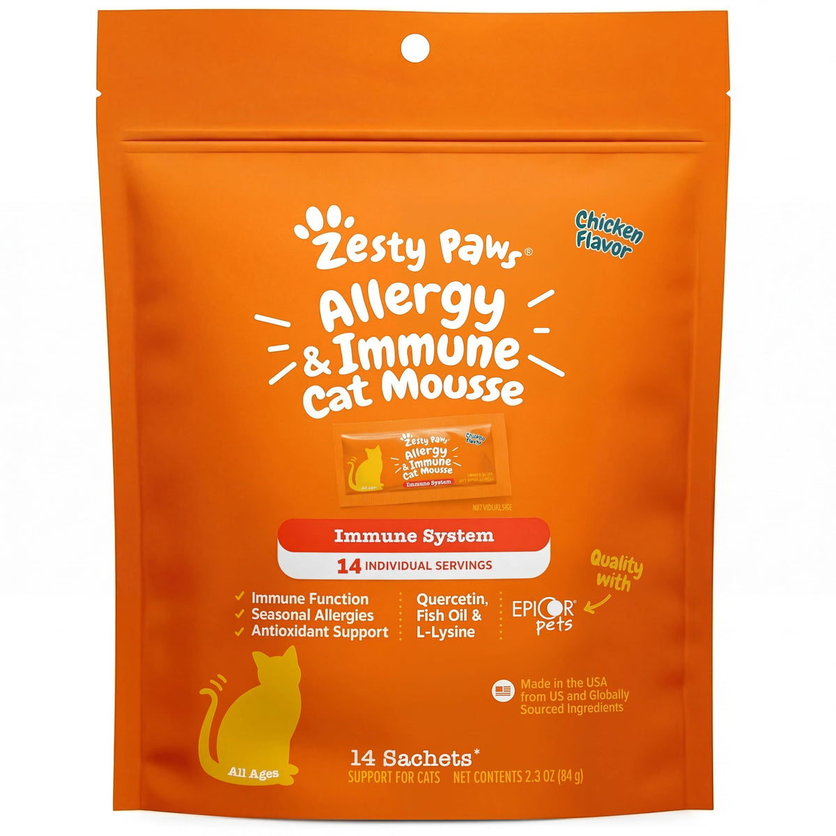 Zesty Paws Allergy & Immune Mousse bottle front promotes immune support for cats.
