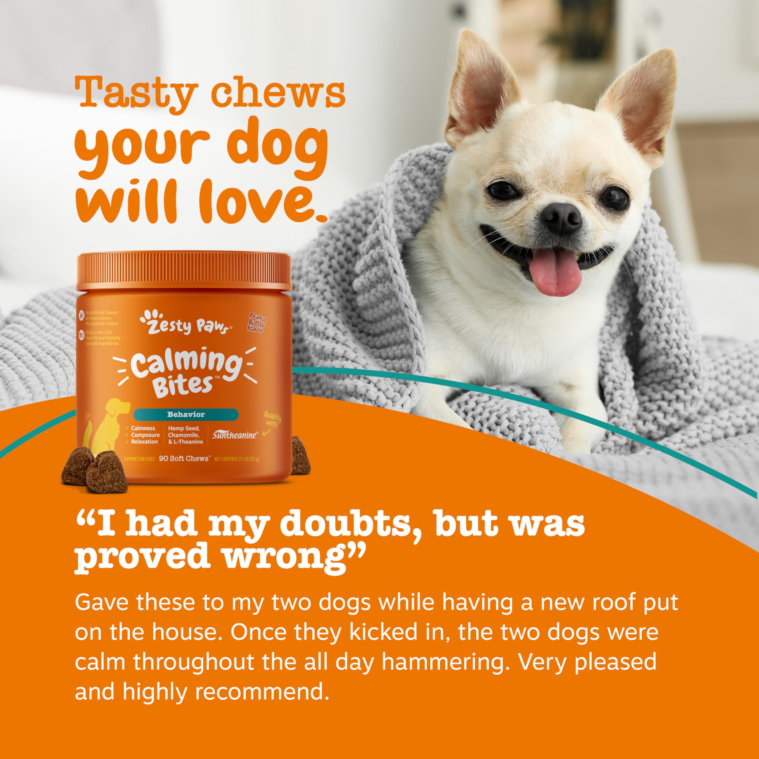 Zesty Paws Calming Chews bottle and glass shown for a soothing moment.