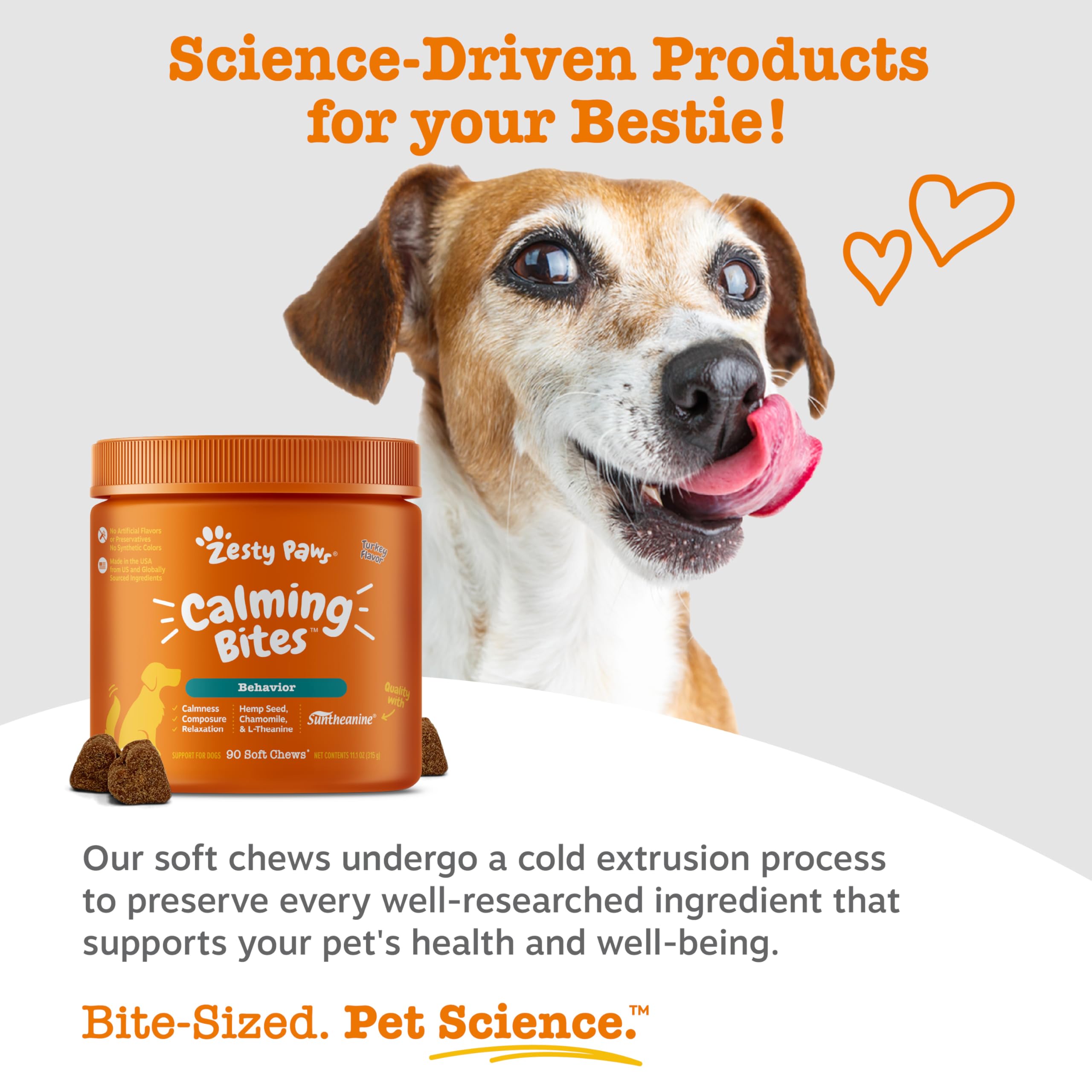 Zesty Paws Calming Chews bottle close-up shows trusted Suntheanine benefits.