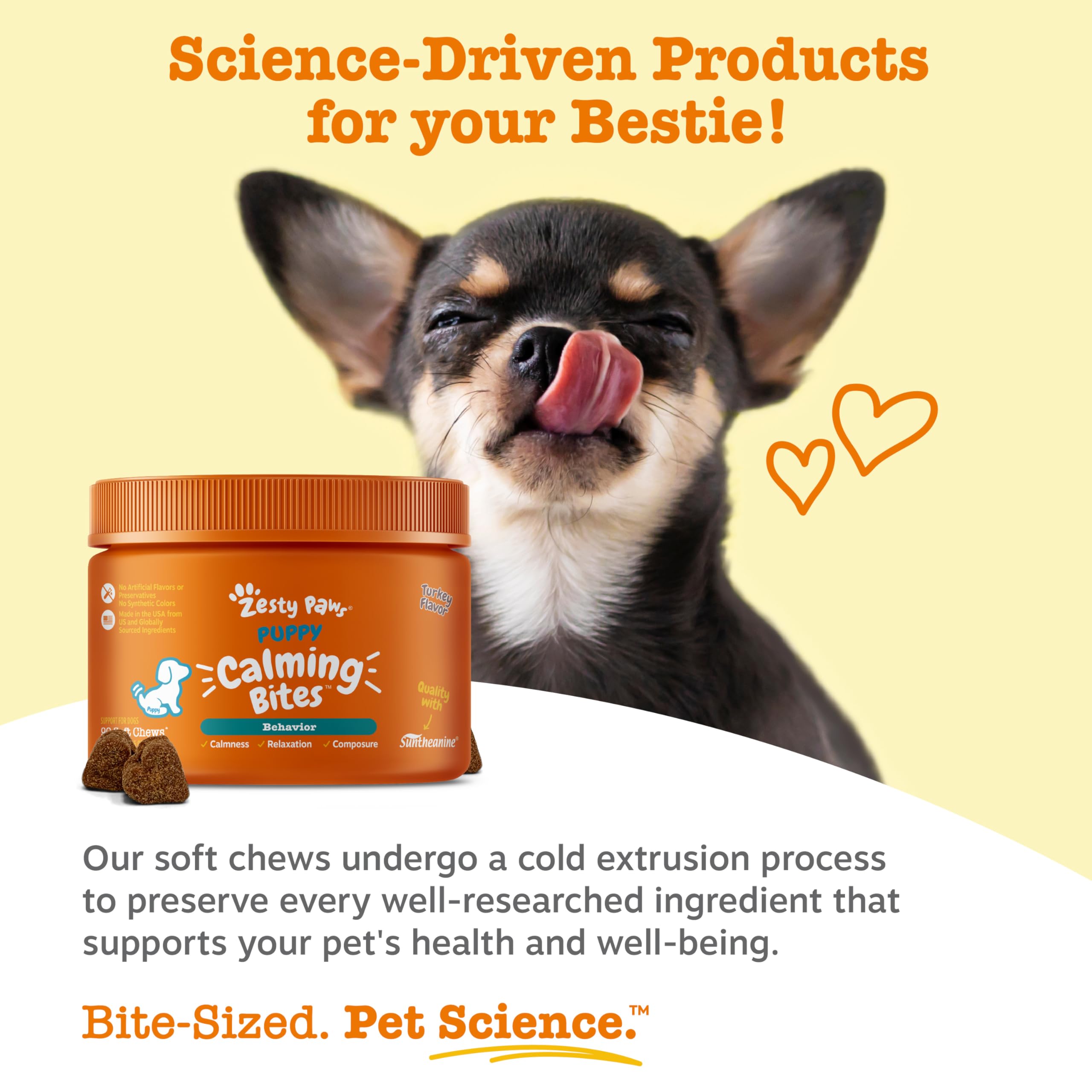 Zesty Paws Calming Chews bottle pour showcasing supplement blend.