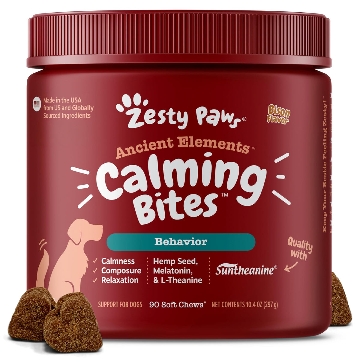 Zesty Paws Calming Chews bottle for dogs offers easy daily calm.