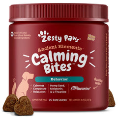 Zesty Paws Calming Chews bottle for dogs offers easy daily calm.