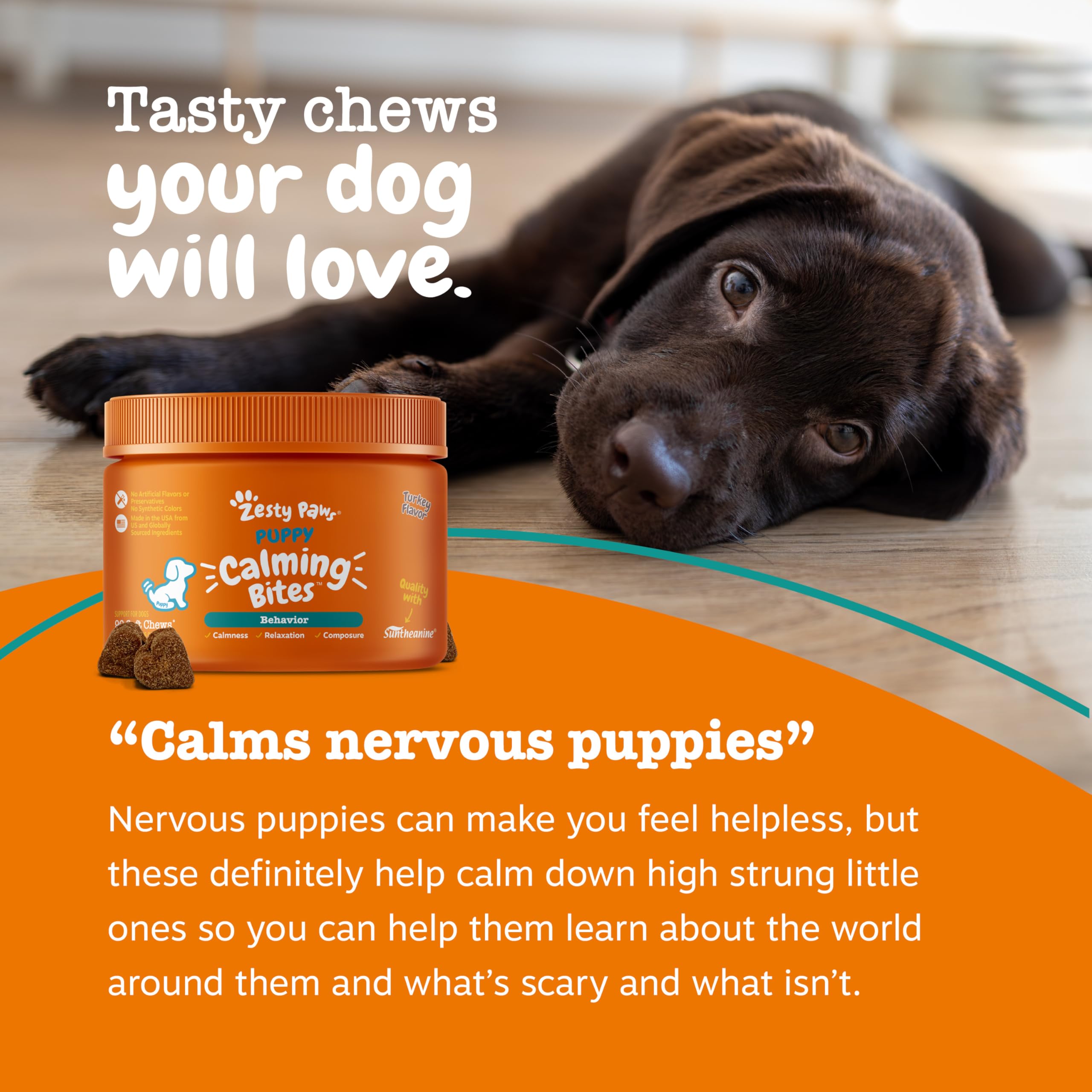 Zesty Paws Calming Chews ingredients label featuring Suntheanine and Ashwagandha.