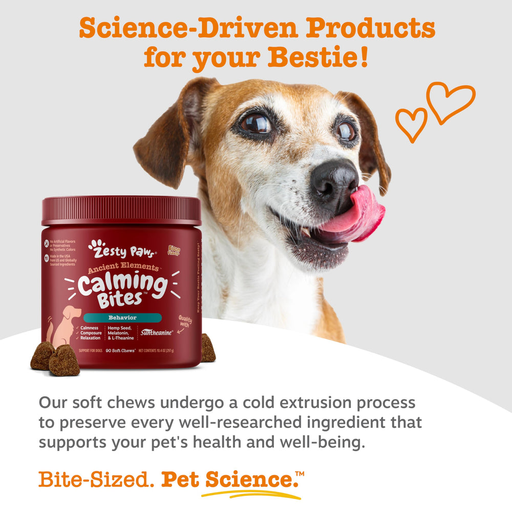 Suntheanine (L-theanine) in the chew promotes a calming effect for dogs.