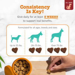Valerian root and chamomile visuals suggest soothing care by Zesty Paws.