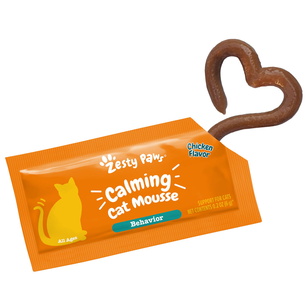 Travel-ready packaging of Zesty Paws Calming Mousse enables easy use on trips
