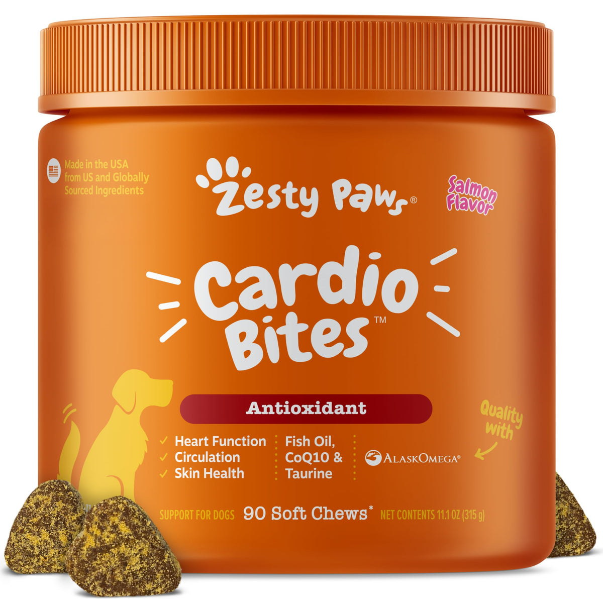 Zesty Paws Cardiovascular Support dog chews—salmon flavor for heart-friendly daily use.