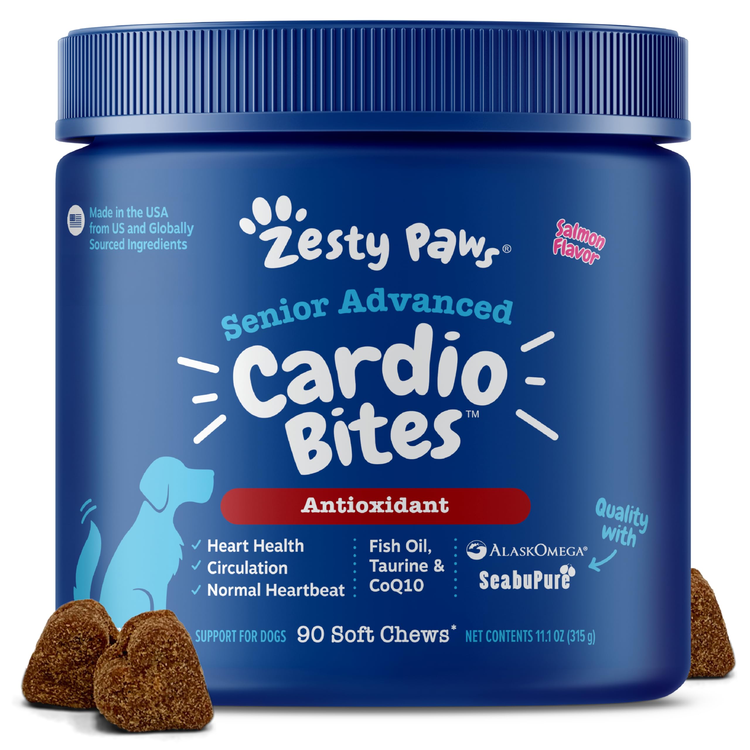 Zesty Paws Cardiovascular Support soft chews on the bottle, supporting heart health in senior dogs.