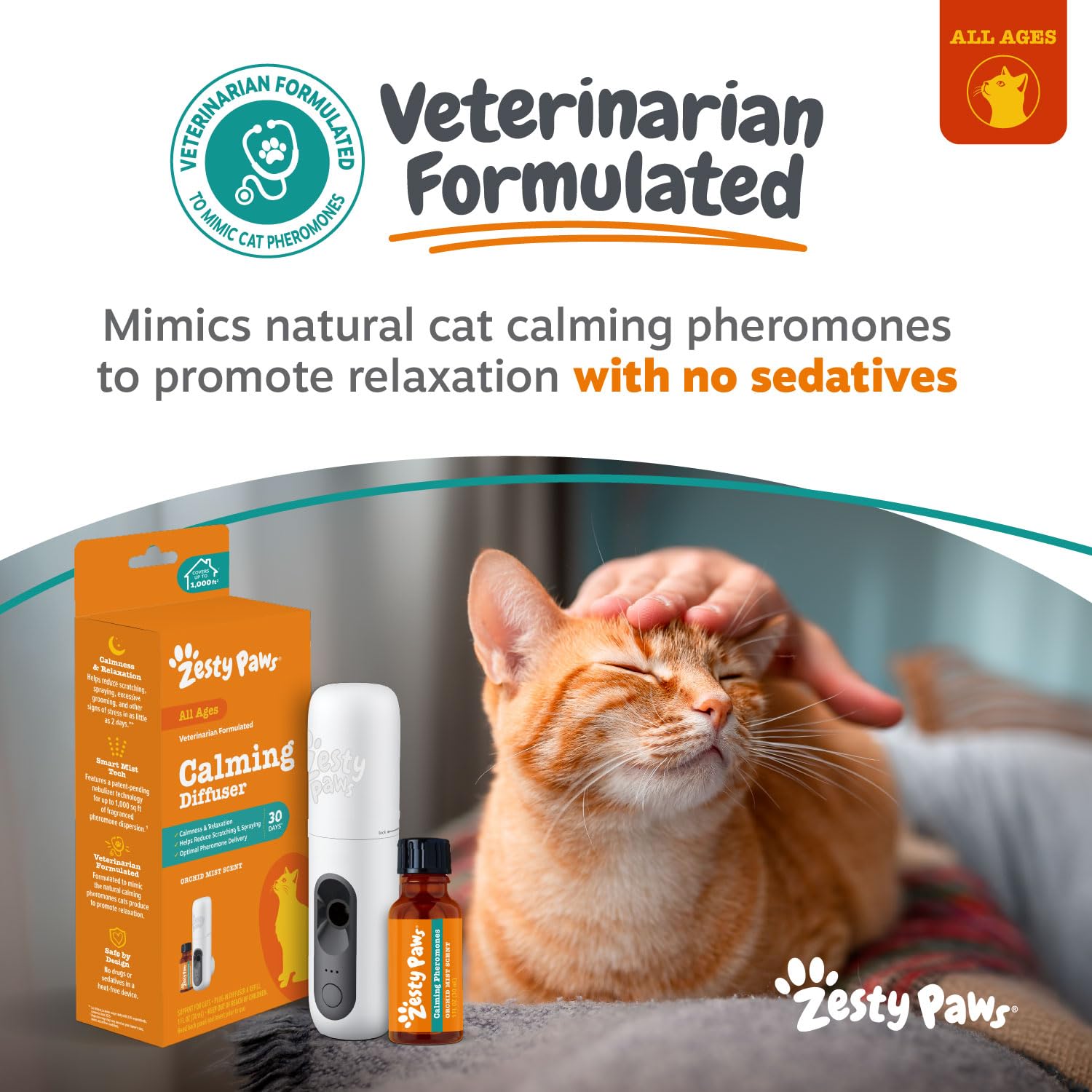 Zesty Paws cat diffuser in a cozy room scene promoting relaxation