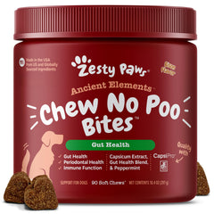 Zesty Paws Chew No Poo Bites bottle front with probiotic gut support.