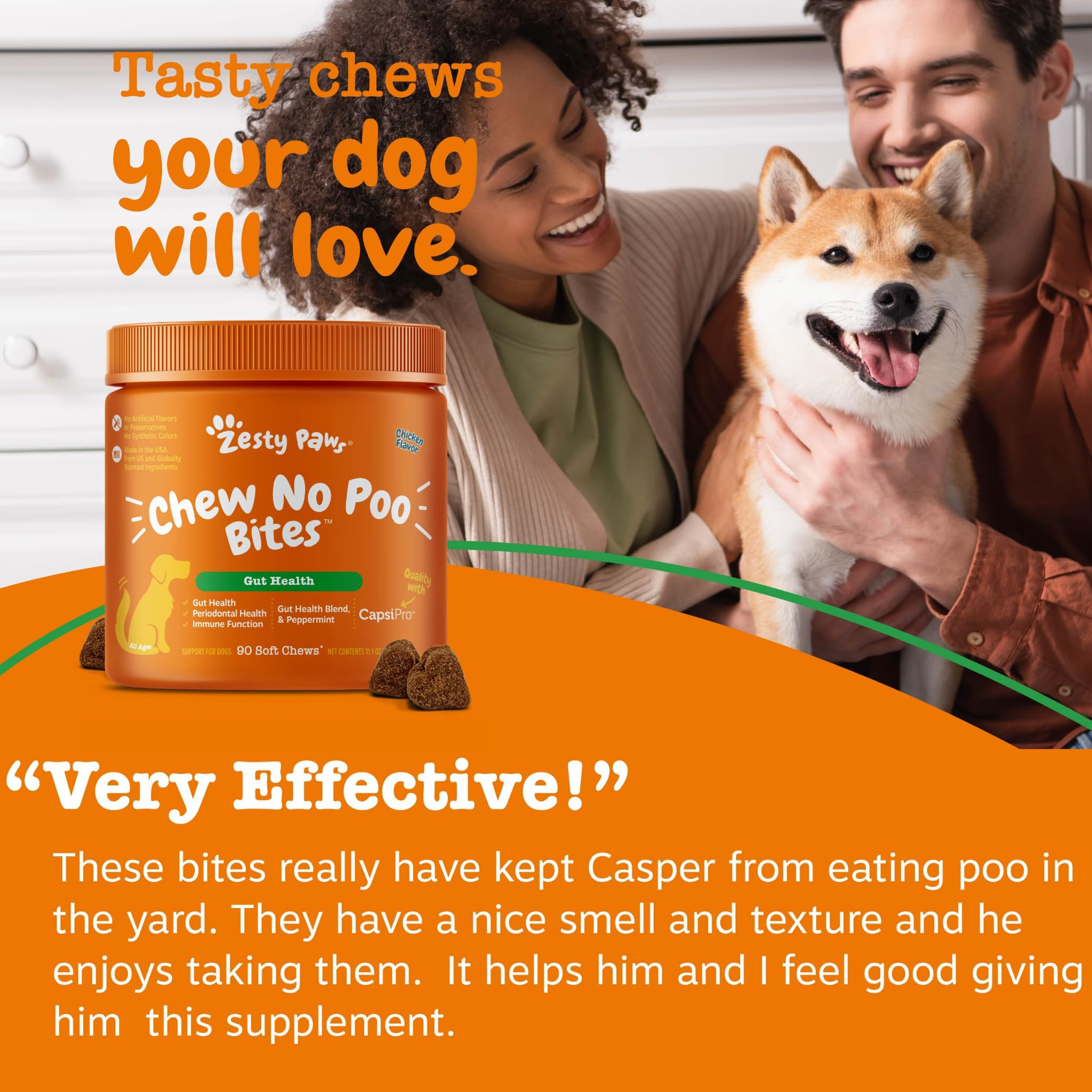 Zesty Paws Chew No Poo Bites in kitchen scene suggesting household-wide routine