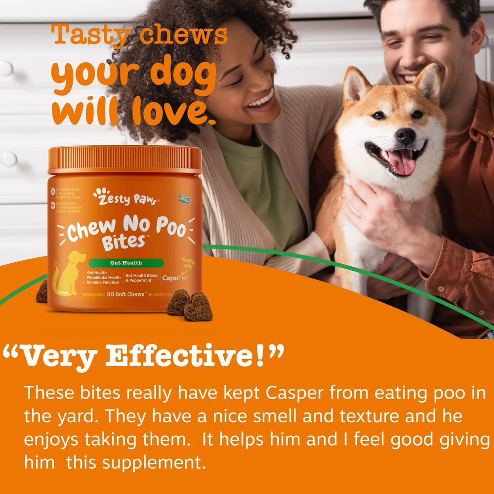 Zesty Paws Chew No Poo Bites in kitchen scene suggesting household-wide routine