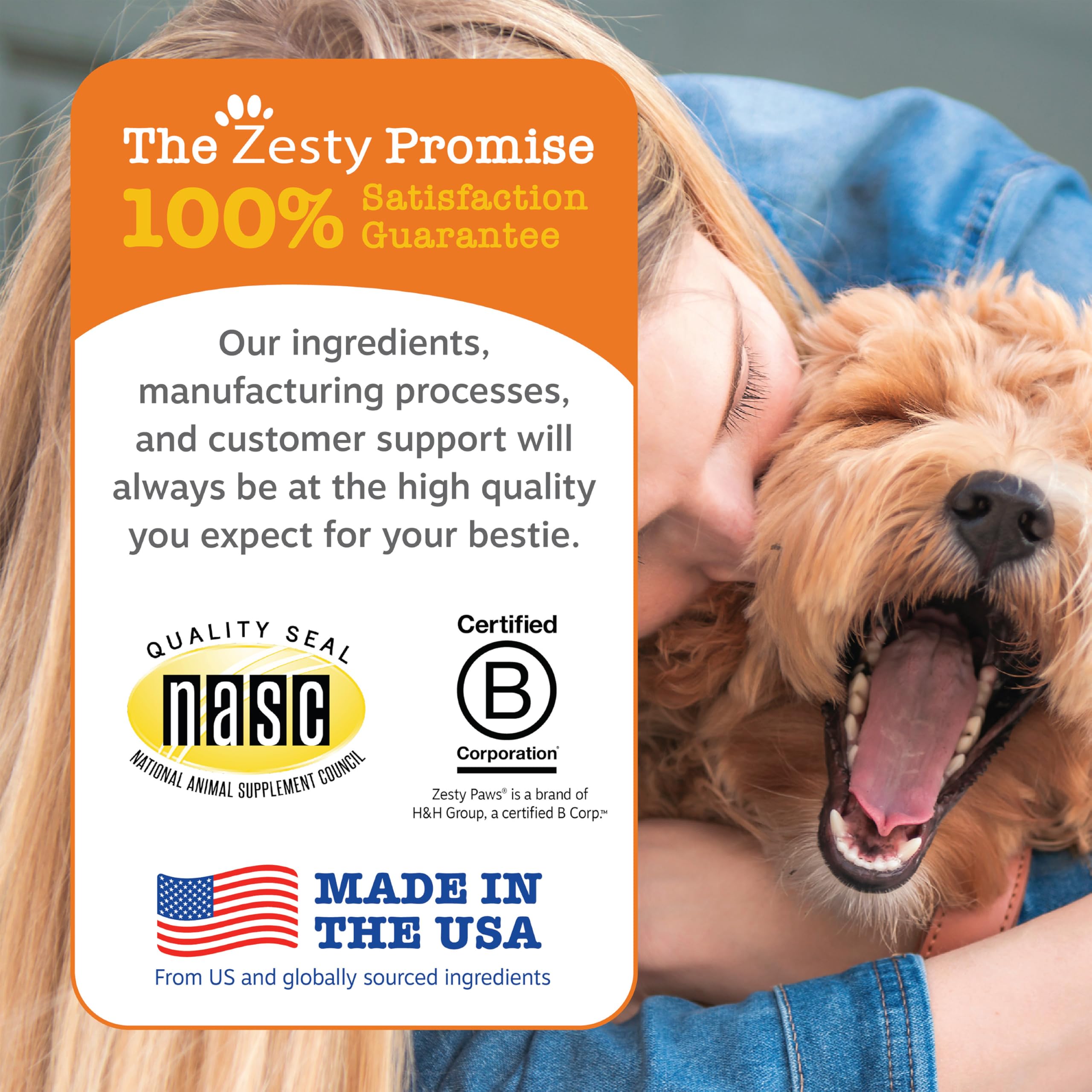 Zesty Paws Chew No Poo Bites owner holding bag highlighting convenient feeding