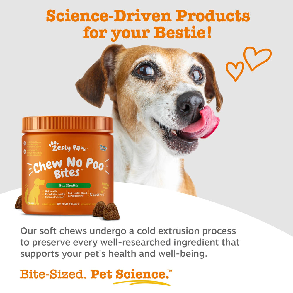 Zesty Paws Chew No Poo Bites packaging and bowl scene for daily routine use