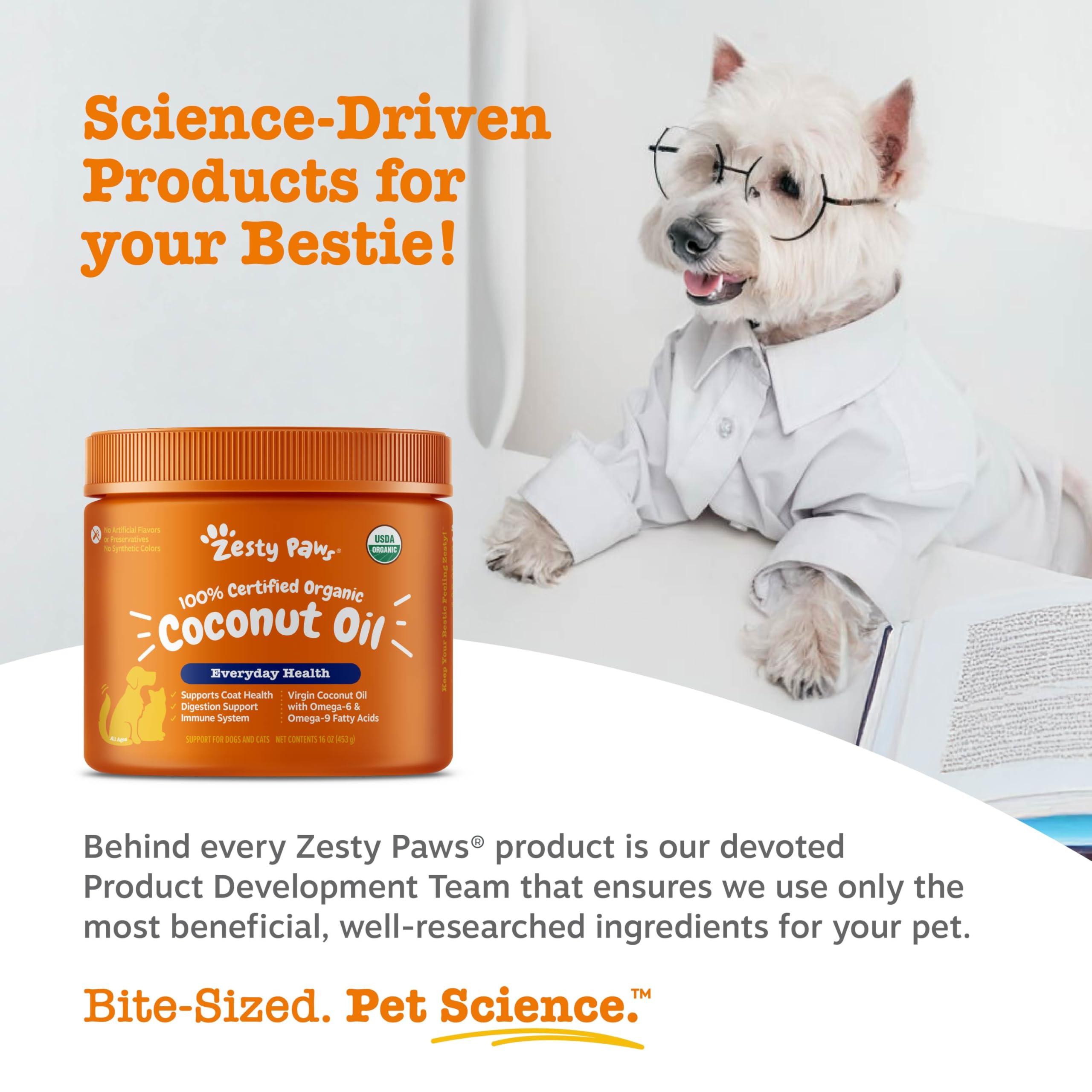 Zesty Paws Coconut Oil for Dogs packaging in a premium jar.