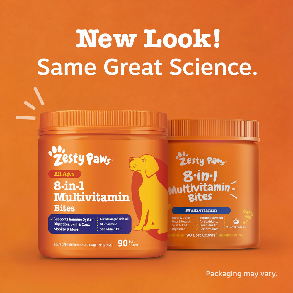 Zesty Paws cod liver oil bottle emphasizes immune support and antioxidant benefits.