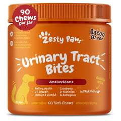 Zesty Paws cranberry dog supplement bottle pouring for urinary support in dogs.