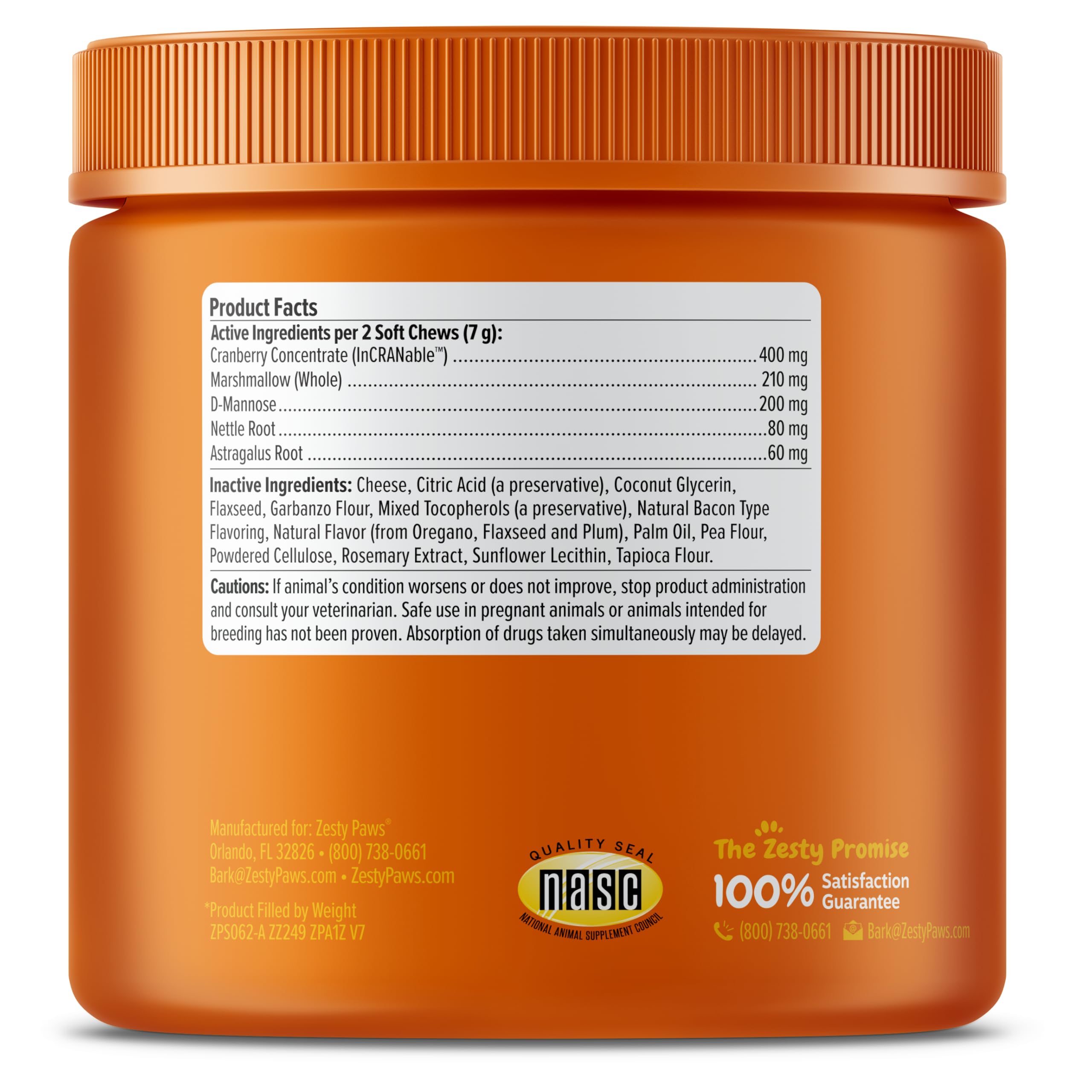 D-Mannose and cranberry blend showcased in Zesty Paws formula for urinary support.